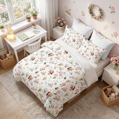 Girls Twin Size Bed in A Bag for Kids, 5Pcs Pink Rose Comforter Set Priness Rabbit Bear Bedding, 1 Quilted Comforter(68"x86")&2 Pillowcase&1 Flat Sheet &1 Fitted Sheet