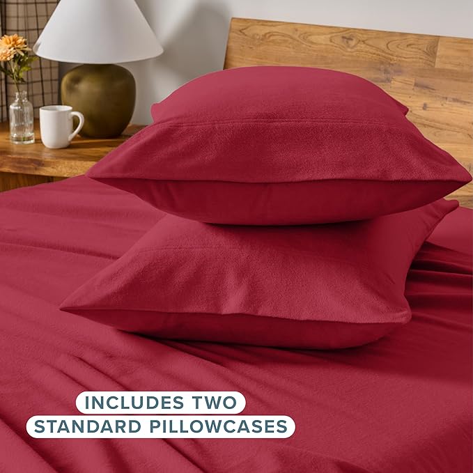 Bare Home Flannel Standard Pillowcases Set of 2-100% Cotton - Velvety Soft & Cozy - Double Brushed Heavyweight Flannel Pillowcases (Standard Pillowcase Set of 2, Red)