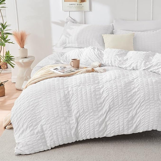 HYMOKEGE White Twin Size Duvet Cover, Ultra Soft 2-Piece Seersucker Duvet Cover Set with Zipper Closure, Soft Brushed Microfiber Bedding Set with 8 Corner Ties (68"x90", 1 Pillowshams)