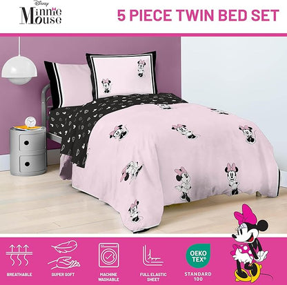 Jay Franco Kids Comforter Set Includes Sheets and Pillow Covers - Soft and Cozy Bed Set for Stylish Room Decor, Official Licensed Bedding, Multi - Minnie Mouse, 5 Piece Twin