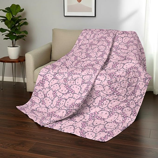 Northwest Sanrio Hello Kitty Reversible Quilted Throw, Kawaii Pink Pattern, Cozy & Warm, for Anime Fans, Game Room, Chair or Couch, 60 x 80 Inches