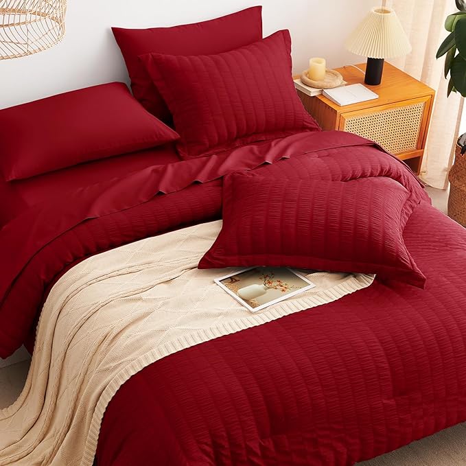 CozyLux Queen Comforter Set Dark Red Seersucker 7 Pieces Bed in a Bag Queen Comforter Set with Sheets, Luxury Soft Bedding Sets with Down Alternative Comforter, Sheets, Pillowcases & Shams All Seasons