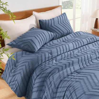Litanika Ocean Blue Queen Size Comforter Sets, 3 Pieces Lightweight Chevron Tufted Bedding Comforter Set, Fluffy Down Alternative Comforter Bed Set Gift Choice (90x90In Comforter and 2 Pillowcases)