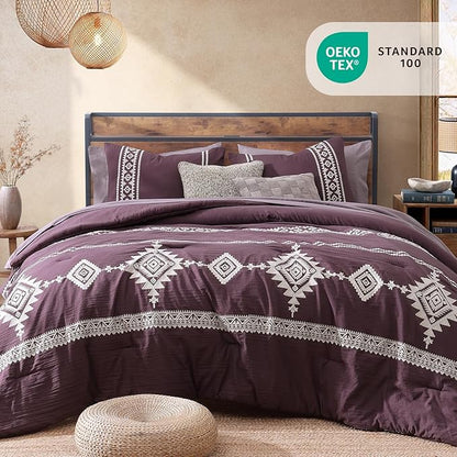 MaiRêve Embroidery Queen Size Comforter Set Purple, Boho Farmhouse Western Bedding Set 7 Pieces, All Season Bed in A Bag Comforter Set with Sheets, Pillowcases & Shams