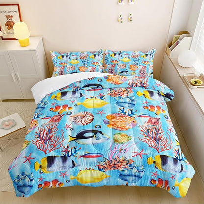 3 Piece Ocean Bedding Set,Blue Full Comforter Set for Boys Teens Girls,Tropical Fish Marine Life Quilt With 2 Pillowcase,Lightweight All Seasons Duvet Insert, Down Alternative Bed Comforter Set