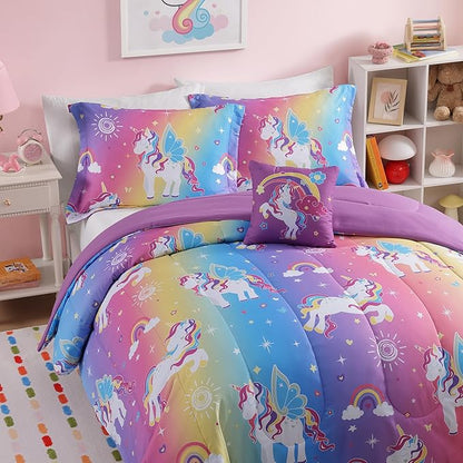 Full Size Comforter Set for Girls-4 Pieces Rainbow Unicorn Full Bedding Sets for Kids, 1 Comforter, 2 Shams and 1 Decor Pillow