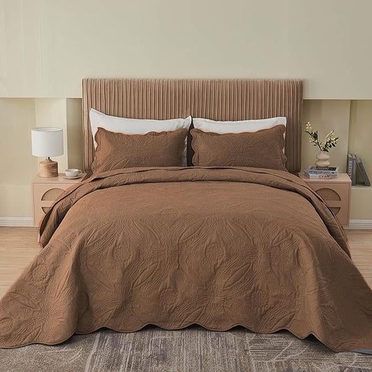 Kingnex Oversized King Bedspreads 128x120 for Extra Wide Tall King or Cal King Bed Ultrasonic Quilted Coverlet Set 3 Piece Include 1 Quilt 2 Pillowcases Coffee