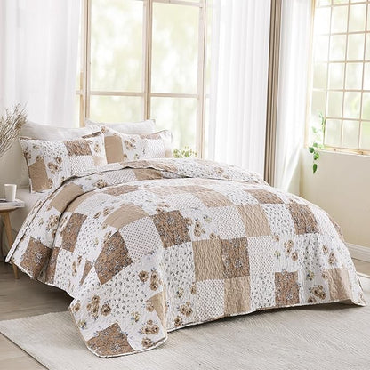 VIVILINEN Full Queen Size Brown Floral Plaid Patchwork Quilt Set Reversible Quilted Bedspread Coverlet Set 3-Piece Comforter Bedding Set Bed Cover with 2 Pillow Shams