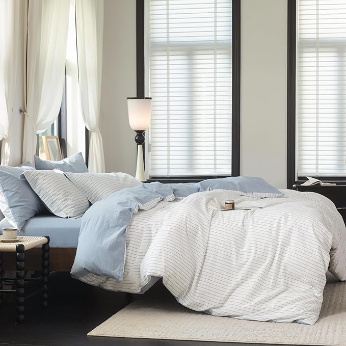 Reversible Duvet Cover Set 100% Washed Cotton Sky Blue Stripe Linen Feel Duvet Cover Twin Size with Zipper Closure & 2 Pillow Shams,Sky Blue/White Stripe Reverse Solid Sky Blue