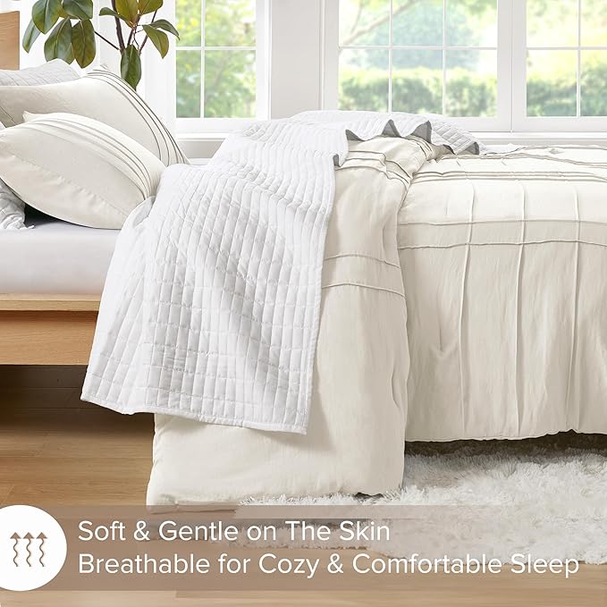 Comfort Spaces Cream Queen Size Comforter Set - 3 Pieces Pintuck Pleated Bedding Sets, All Season Lightweight, Extra Softness Pre-Washed Microfiber Queen Bed Set, Shams