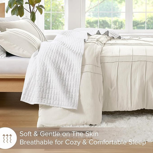 Comfort Spaces Cream Queen Size Comforter Set - 3 Pieces Pintuck Pleated Bedding Sets, All Season Lightweight, Extra Softness Pre-Washed Microfiber Queen Bed Set, Shams