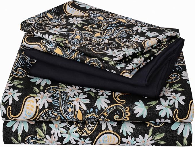 JSD Black Paisley Floral Sheet Set Queen Size 6 Piece, Printed Pattern Soft Microfiber Bed Sheets Extra Deep Pocket