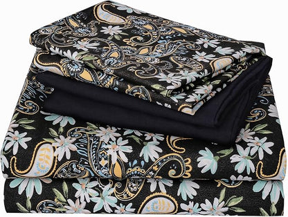 JSD Black Paisley Floral Sheet Set Queen Size 6 Piece, Printed Pattern Soft Microfiber Bed Sheets Extra Deep Pocket