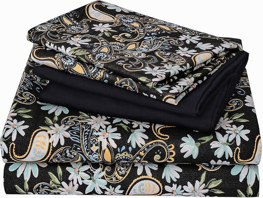 JSD Black Paisley Floral Sheet Set Queen Size 6 Piece, Printed Pattern Soft Microfiber Bed Sheets Extra Deep Pocket