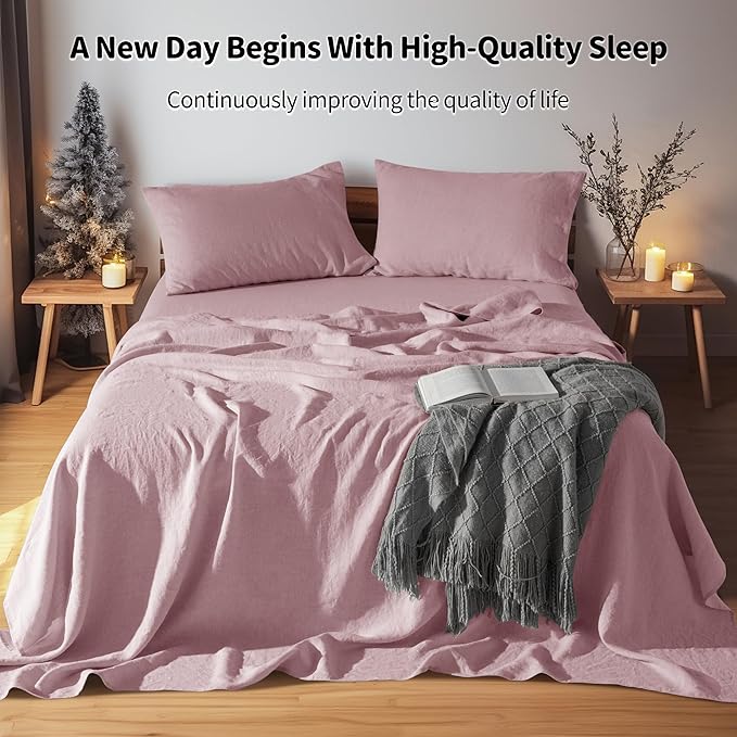 LBRO2M 100% Pure Linen Sheet Set Deep Pocket Up to 16" Bed Sheets Sets, Natural Flax Beddings Soft, Breathable, Comfortable for All Seasons Twin XL Size, Embroidery Purple