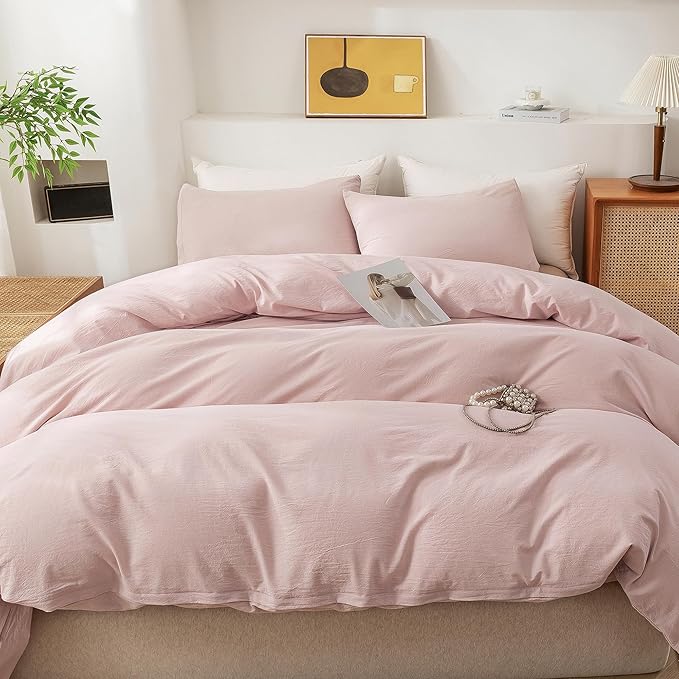 ECOCOTT Duvet Cover Set, 100% Washed Cotton Linen-Like Soft & Breathable, Durable Comfy Bedding Set for All Seasons Twin Size (Greyish Pink)