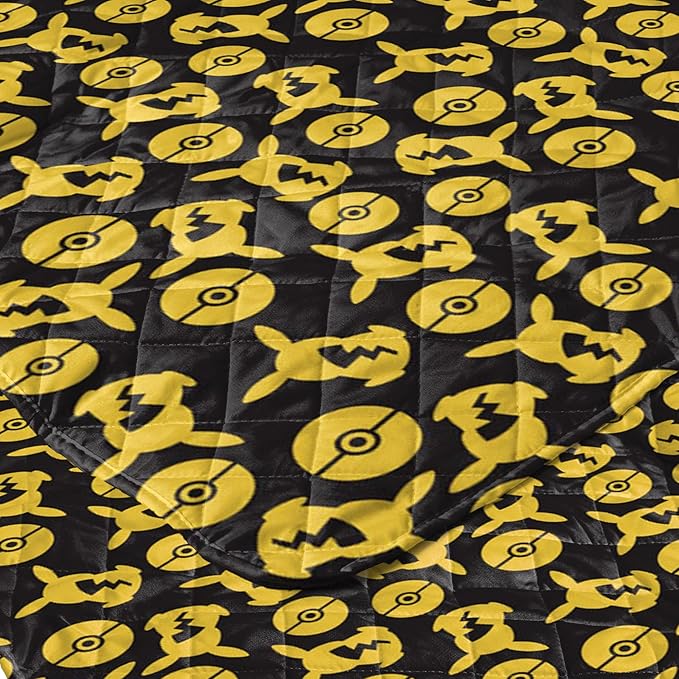 Northwest Pokemon Company Reversible Full/Queen Quilted Blanket - Pikachu & Pokeball Pattern for Anime Fans, Cozy Blanket for Bed, Game Room or Couch, 90x90 inches