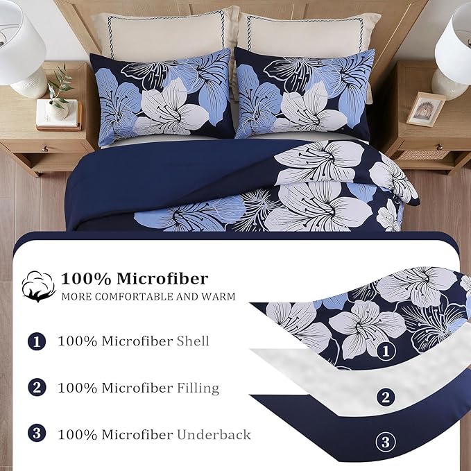 Menghomeus Queen Comforter Set Navy Blue Floral Bedding Comforter Sets - Soft Microfiber Bed Comforter Set for All Season, 3 Piece Botanical Flowers Comforter, Pillowcases