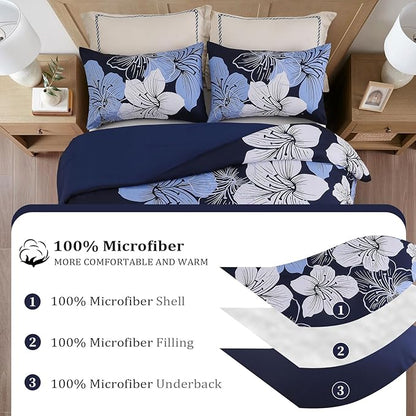 Menghomeus Queen Comforter Set Navy Blue Floral Bedding Comforter Sets - Soft Microfiber Bed Comforter Set for All Season, 3 Piece Botanical Flowers Comforter, Pillowcases