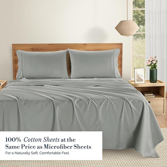 Casa Platino Bed Sheets Twin XL – 100% Cotton Twin XL Size Bed Sheet Set with 2 Pillowcases, Cool Percale Fabric, Ideal for All-Season Comfort, Ultra Soft with 15" Deep Pocket Fitted Sheet – Grey