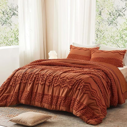 Luxudecor Terracotta Boho Tufted Comforter Set King Size 3 Pieces Boho Shabby Chic Comforter Farmhouse Embroidery Bedding Set Soft Comforter for All Seasons (Terracotta, 104''x90'')