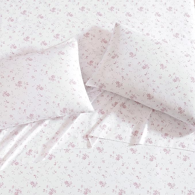 Laura Ashley Home - Standard Pillowcase Set, Cotton Sateen Bedding, Smooth & Wrinkle-Resistant (Garden Muse Pink, 2 Piece)