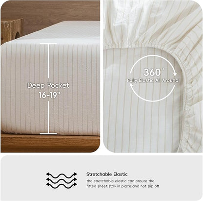 MooMee Striped Sheet Set 100% Washed Cotton Linen Like Textured Breathable Durable Soft Comfy (White Almond Milk Grey Wide Stripes, King)