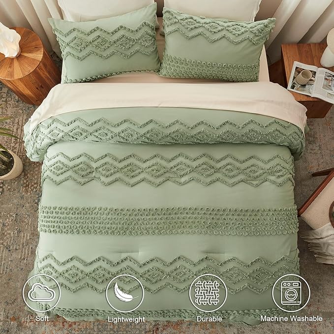 Luxudecor Sage Green Tufted Comforter Set Queen Size 3 Pieces Boho Shabby Chic Comforter Farmhouse Embroidery Bedding Set Soft Comforter for All Seasons (Sage Green, 90''x90'')