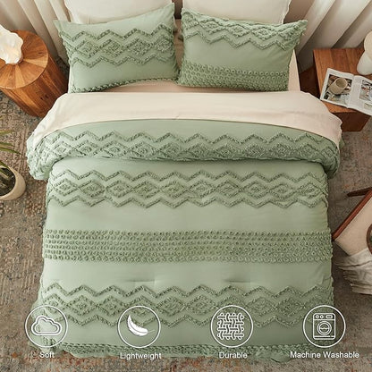 Luxudecor Sage Green Tufted Comforter Set Full Size 3 Pieces Boho Shabby Chic Comforter Farmhouse Embroidery Bedding Set Soft Comforter for All Seasons (Sage Green, 80''x90'')