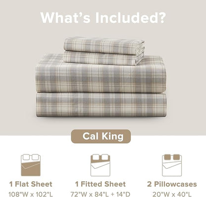 Comfort Spaces 100% Cotton Sheets Cal King, Breathable, Naturally Cool Cotton Sheets, Cotton Bed Sheets with 14" Elastic Pocket Fits up to 16" Mattress, All Seasons Sheet Set, Wesley Taupe 4 Piece