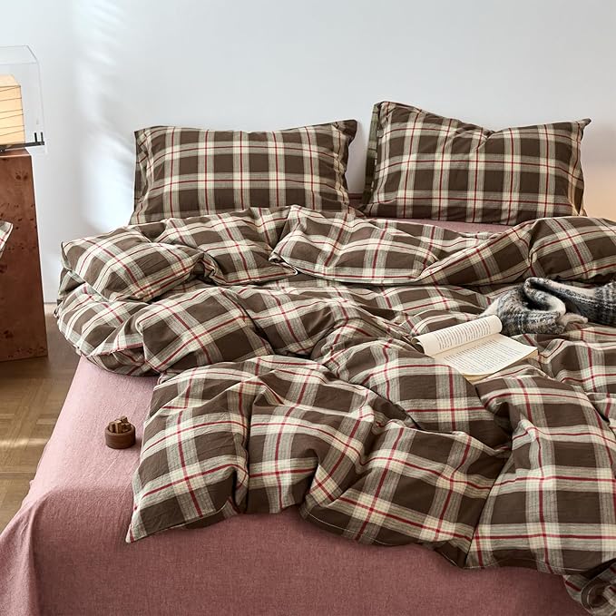 EAVD Vintage Brown Buffalo Plaid Comforter Set Twin XL Soft 100% Washed Cotton Brown&Red&Green Grid Checkered Bedding Set with 2 Pillowcases Retro Gingham Comforter Set for All-Season