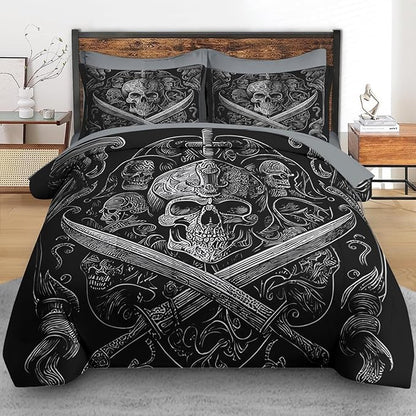 Comforter Set Full Size, Gothic World 7 Pcs Bedding for Adults, Vintage Retro Skeleton Bed Sheet Sets with Fitted Sheet 2 Pillowcases & 2 Shams for Bedroom Bed Decor