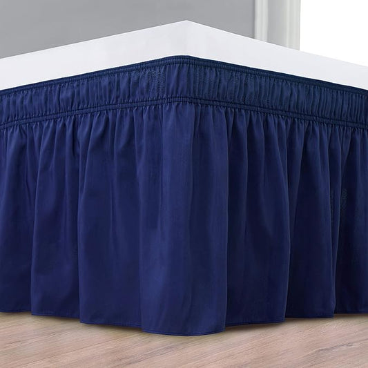 Biscaynebay Wrap Around Bed Skirts for Full & Full XL Beds 17" Long Drop, Navy Adjustable Elastic Dust Ruffles Easy Fit Wrinkle & Fade Resistant Silky Luxurious Fabric Solid Machine Washable