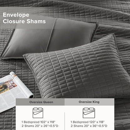 Comfort Spaces Charcoal Oversized Queen Quilt Set 102"x118" Bedspread Quilted Summer Lightweight Microfiber Bedding Coverlet with Double Sided Stitching Soft All Season 3 Piece with Matching Shams