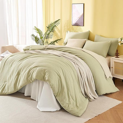King Size Desert Sage Comforter Set, 3 Pieces Double-Layer Crinkle Yarn Bedding, All-Season Lightweight Warmth with 2 Pillowcases