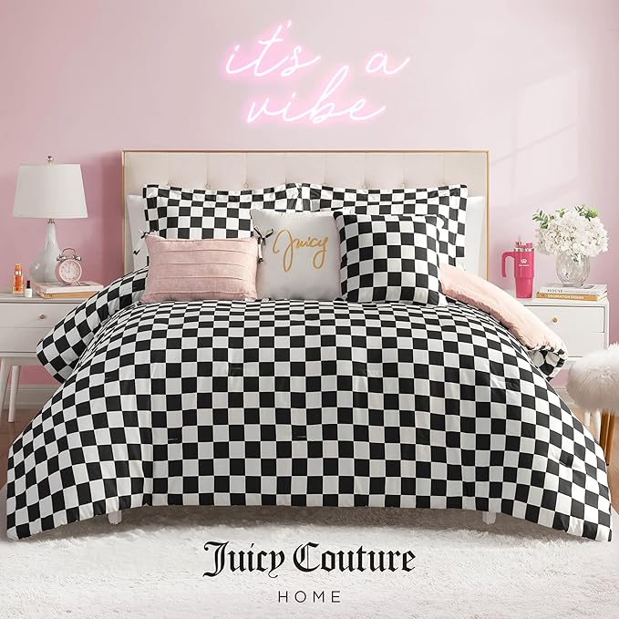 Juicy Couture Reversible Checkerboard Comforter Set 6-Piece Full/Queen Set, Black/White