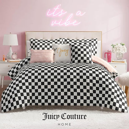 Juicy Couture Reversible Checkerboard Comforter Set 6-Piece Full/Queen Set, Black/White