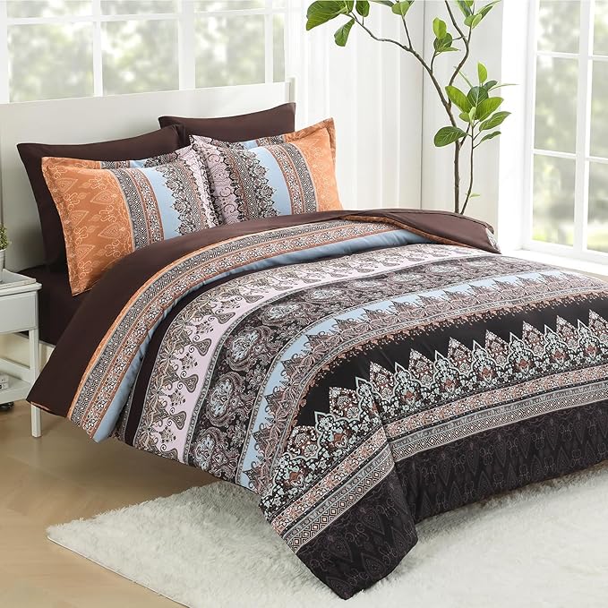 Boho Comforter Set Queen - 7 Pieces Bed in a Bag, Bohemian Striped Comforter Set with Sheets, Soft Microfiber Brown Floral Bedding Set for All Season (Brown, Queen)