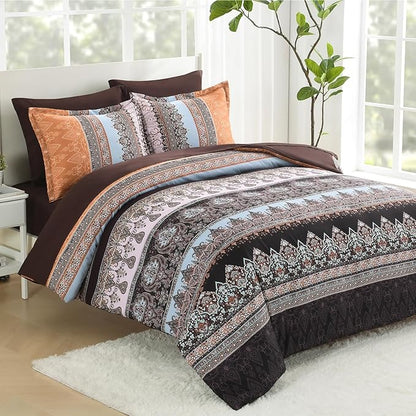Boho Comforter Set Queen - 7 Pieces Bed in a Bag, Bohemian Striped Comforter Set with Sheets, Soft Microfiber Brown Floral Bedding Set for All Season (Brown, Queen)