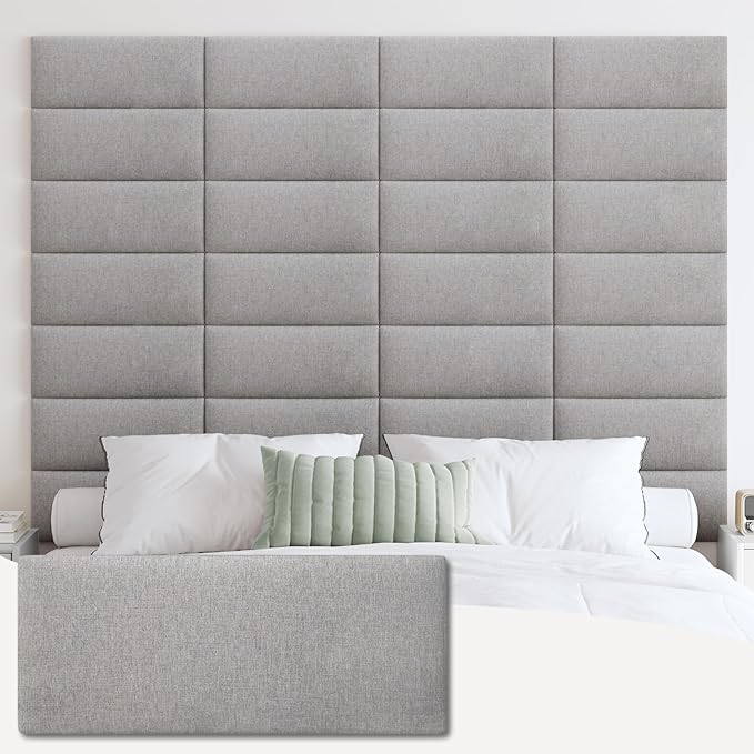 IFNOW Wall Mounted Headboard, Peel and Stick Panels, Medium Gray, King | 3D Soundproof Acoustic Padding, Reusable and Removable Tufted fabric Bed Headboard for bedroom (12 Panels, 10" x 24")