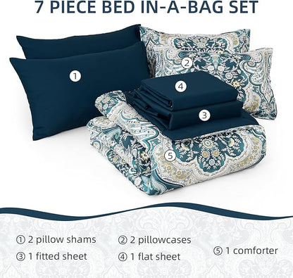 Drucon Boho Comforter Set Queen Size, 7 Pieces Bed in a Bag Paisley Comforter, Soft Lightweight Microfiber Bedding Set (1 Comforter, 1 Flat Sheet, 1 Fitted Sheet, 2 Pillow Shams, 2 Pillowcases)