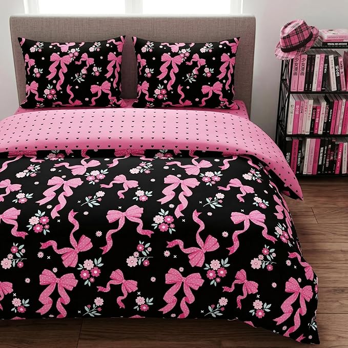 Black Pink Bow Comforter Set Queen, Pink Ribbon Bowknot Bedding 3 Pcs Love Heart Soft Microfiber Reversible Comforter Set with 2 Pillowcases, 90"x90"