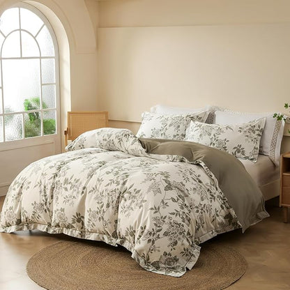 OAITE Duvet Cover Set Queen Size Floral Pattern 600 Thread Count Ultra Soft 100% Long Staple Cotton Duvet Cover Sets 3-PC, Breathable Duvet Cover with Zipper Closure & Corner Ties