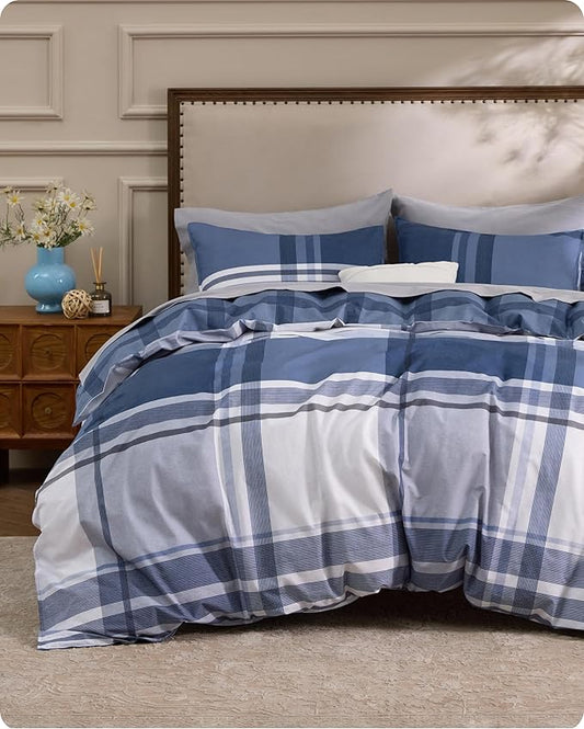 Bedsure Plaid Duvet Cover King Size - 100% Cotton Reversible Classic Navy Checkered Pattern Duvet Cover Set, 3 Pieces Soft & Breathable PureWoven Bedding Set with 2 Pillow Shams (Navy Plaid 104"x90")