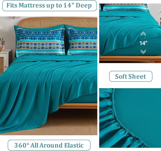 Comforter Set King Size Boho,7 Pieces Bohemian Bedding Comforter Set Striped Bed in a Bag,Turquoise Blue Paisley Floral Comfortet and Sheet Set,Soft Microfiber Bedding Sets for All Season