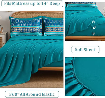 Comforter Set King Size Boho,7 Pieces Bohemian Bedding Comforter Set Striped Bed in a Bag,Turquoise Blue Paisley Floral Comfortet and Sheet Set,Soft Microfiber Bedding Sets for All Season
