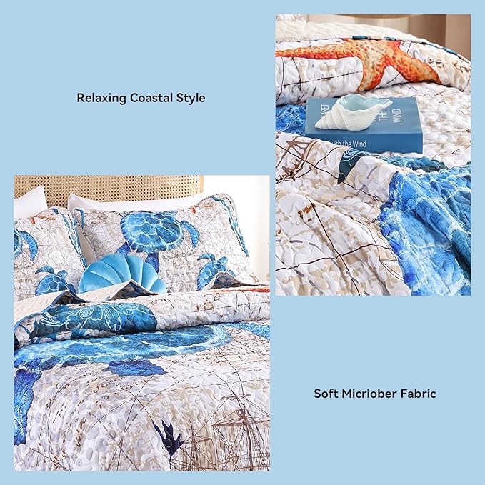 weigelia Coastal Quilts Bedding Set King Size - Summer Vintage Sea Turtles Nautical Bedding Quilt with Pillow Cases, Beach Reversible Quilt Set Bedspreads Coverlet Soft Lightweight Comforter