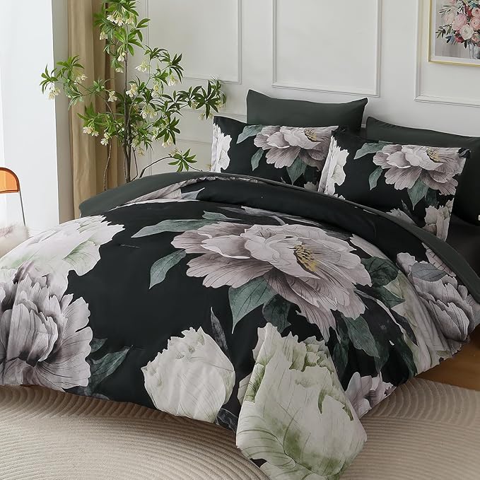 Dobuyly Black Comforter Set King Size 7 Piece Bed in a Bag, Floral Comforter Set with Sheets, Soft Microfiber Botanical Flower Bedding Set for All Season