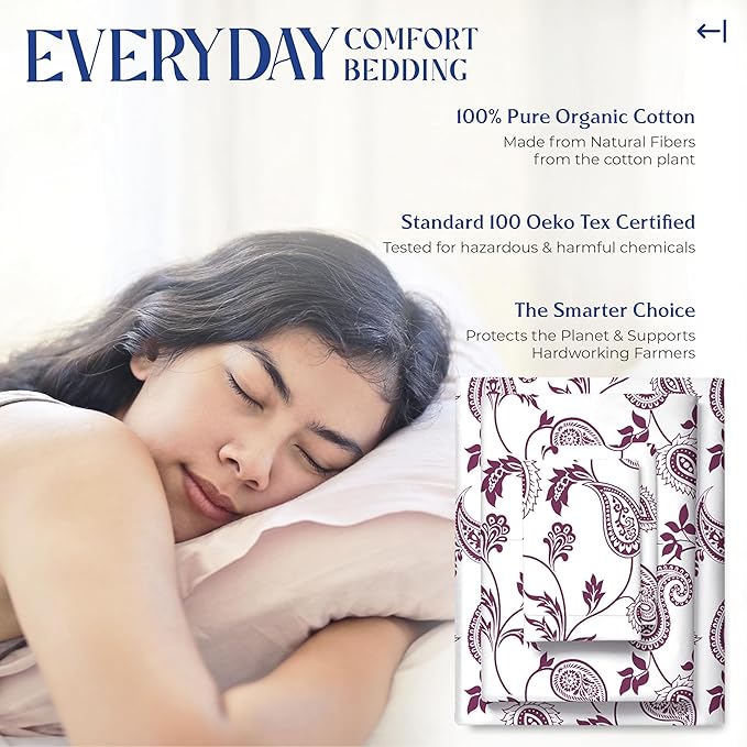 Mayfair Linen 100% Organic Cotton Printed Sheets California King Size - Percale Weave Cotton Cal King Size Sheet Set (4 PC, Paisley), Soft & Crisp, GOTS Certified, Cooling Sheets, 16" Deep Pocket