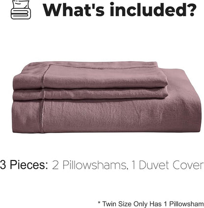 Simple&Opulence 100% Washed Linen Duvet Cover with Embroidered, 2 Pieces Soft Farmhouse Comforter Set with Button Closure,1 Duvet Cover and 1 Pillowsham(Twin,Purple)